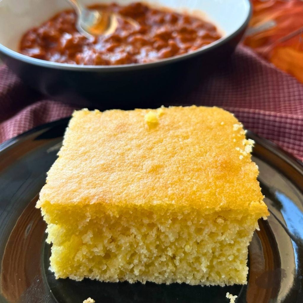 high altitude cornbread with a bowl of chili