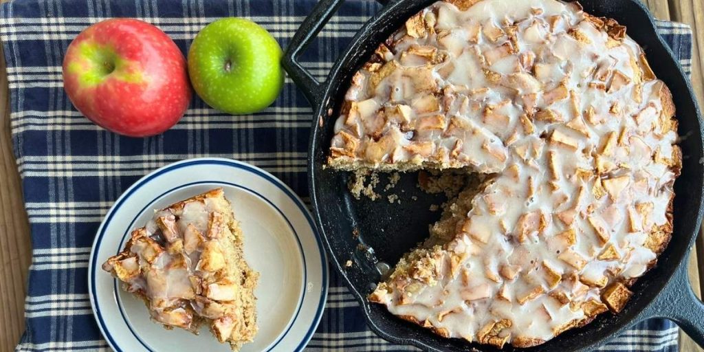 high altitude apple fritter cake with vanilla icing