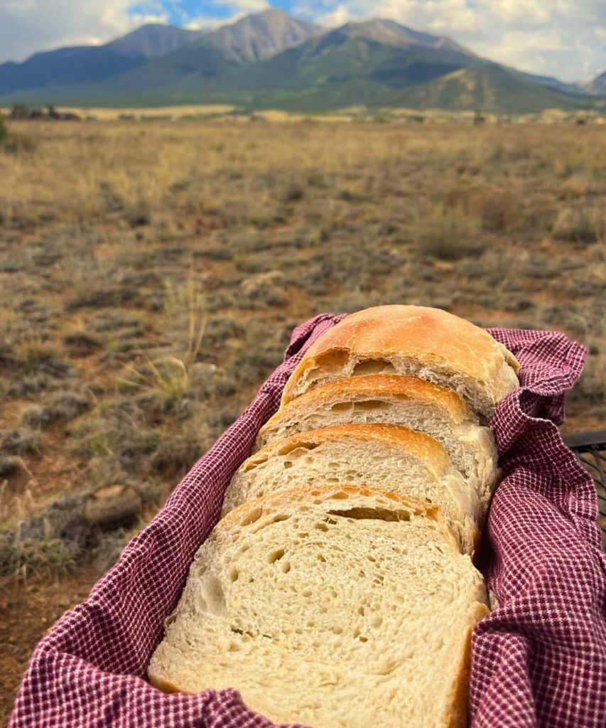 a loaf of high altitude sourdough sandwich bread sliced in a bread basket in front of the Colorado Rocky Mountains