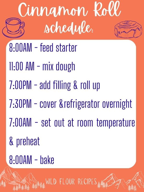 high altitude cinnamon roll example schedule from feed the sourdough starter to baking the cinnamon rolls