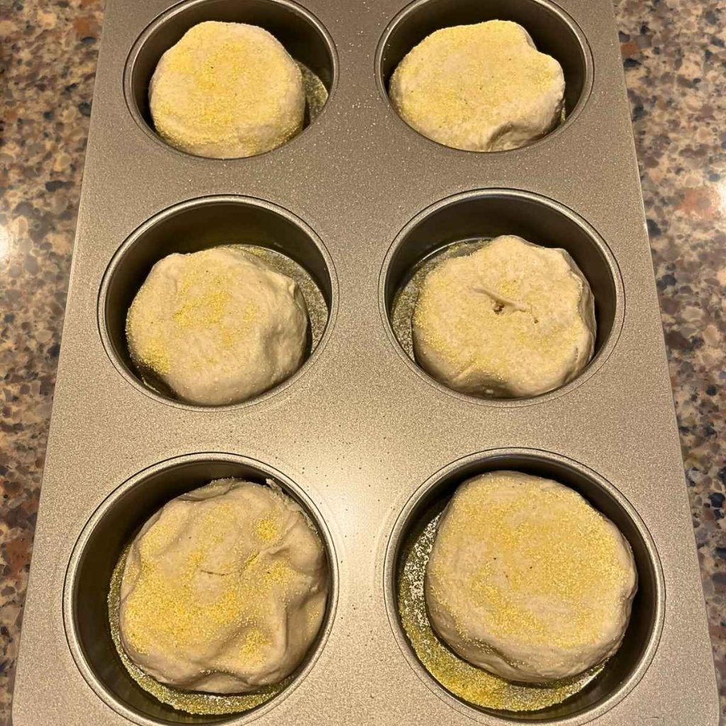 sourdough English muffin in an English muffin pan ready to bake