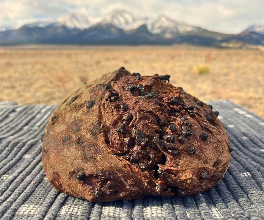 a whole loaf of high altitude double chocolate sourdough bread in front of the Colorado Rocky Mountains