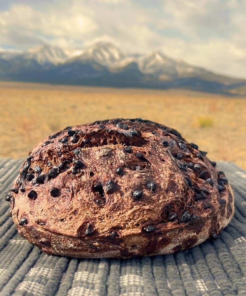 a whole loaf of double chocolate sourdough bread in front of the Colorado Rocky Mountains